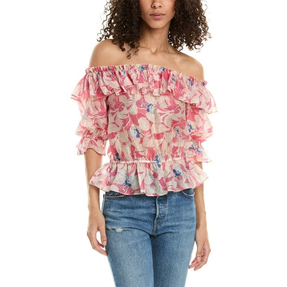 Ted Baker London Pink Floral Ruffle Off-Shoulder Blouse